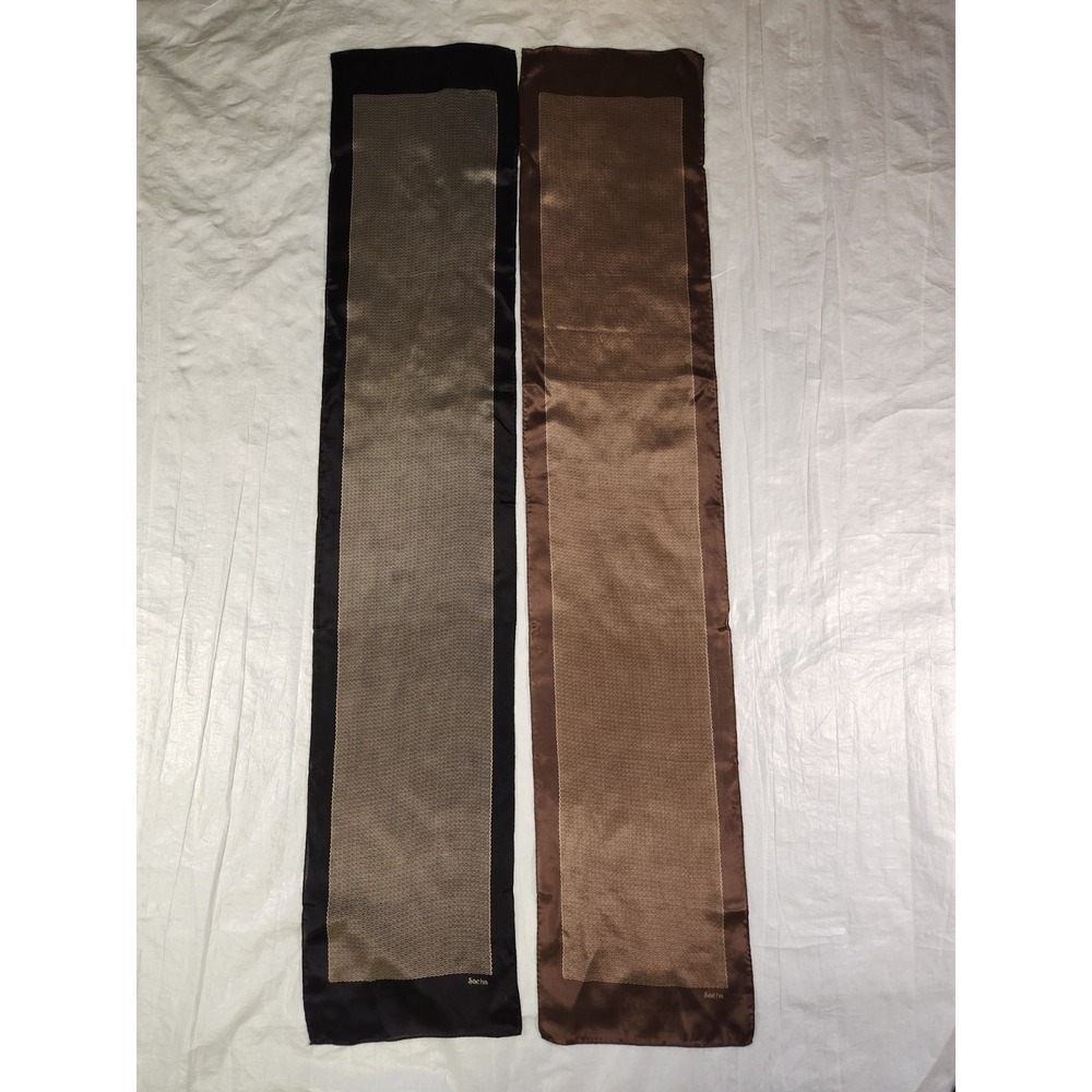 2 Lot Vintage SACHA Silk Scarf Oblong Scarves Black Brown 48x9.5 Pattern